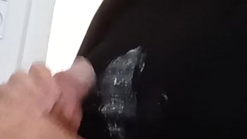 Messy handjob with cumshot on black shirt Amateur handjob