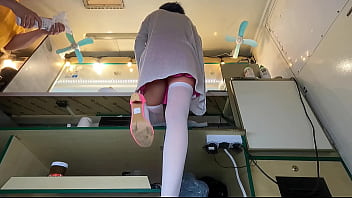 boss fixing Alice panties for better pussy display